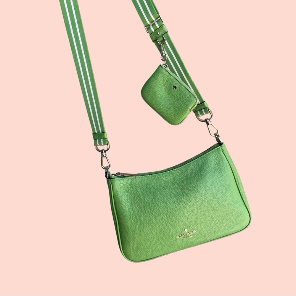 KATE SPADE Green Pebbled Leather Rosie Crossbody Bag w/ Pouch & Striped Strap